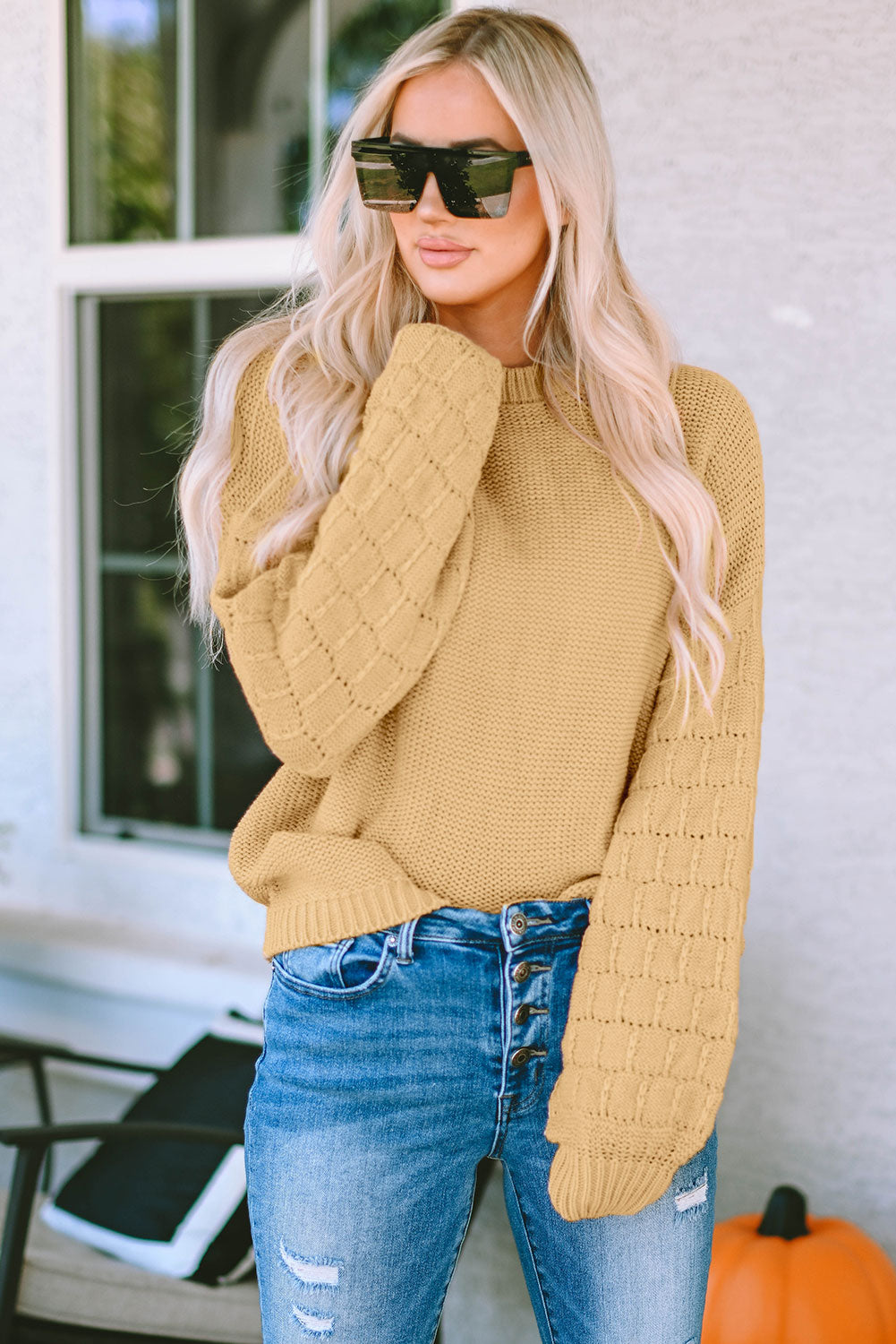 Hollowed Bubble Sleeve Knit Sweater