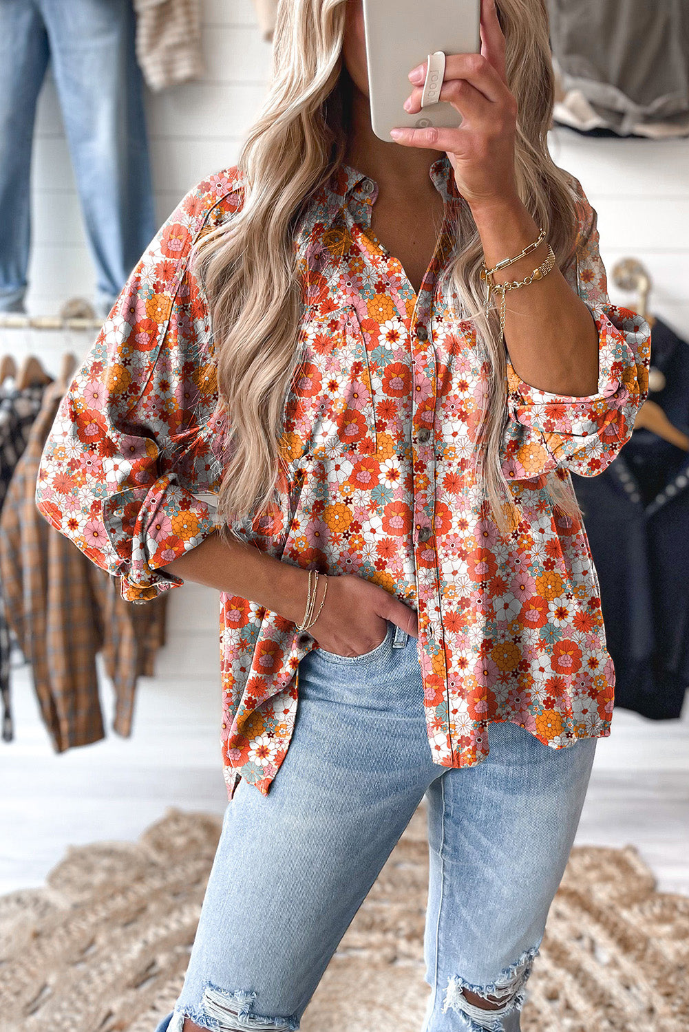 Multicolor Boho Floral Collared Long Sleeve Ruffled Dress