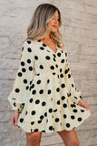 Beige Polka Dot Printed Surplice V Neck Puff Sleeve Mini Dress