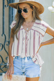 Striped Print Loose V Neck Short Sleeve Top