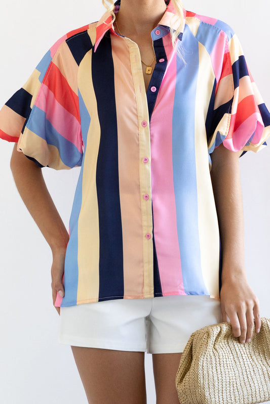 Color Block Striped Puff Sleeve Buttoned Shirt