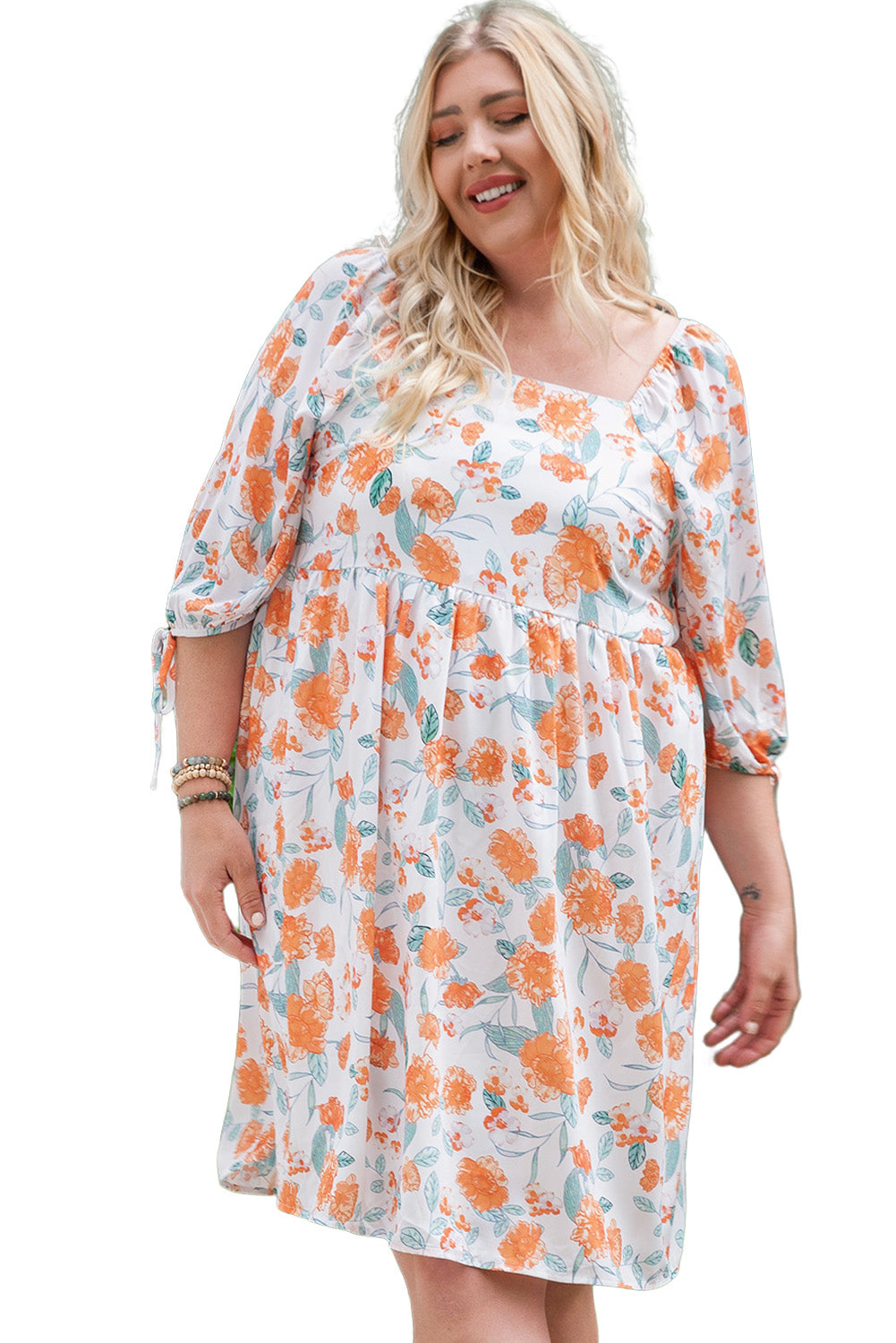 Plus Size Square Neck Tie Sleeve Floral Dress