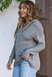 V Neck Ribbed Drop Shoulder Hooded Sweater