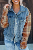 Medium Wash Plaid Sleeves Denim Jacket