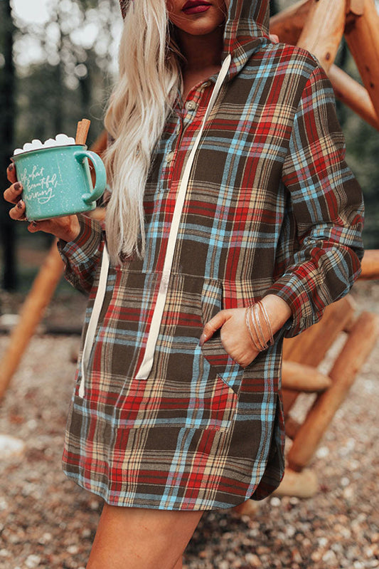 Plaid Split Side Button Hooded Dress