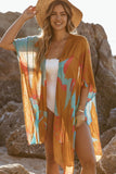 Abstract Print Open Front Kimono with Slits