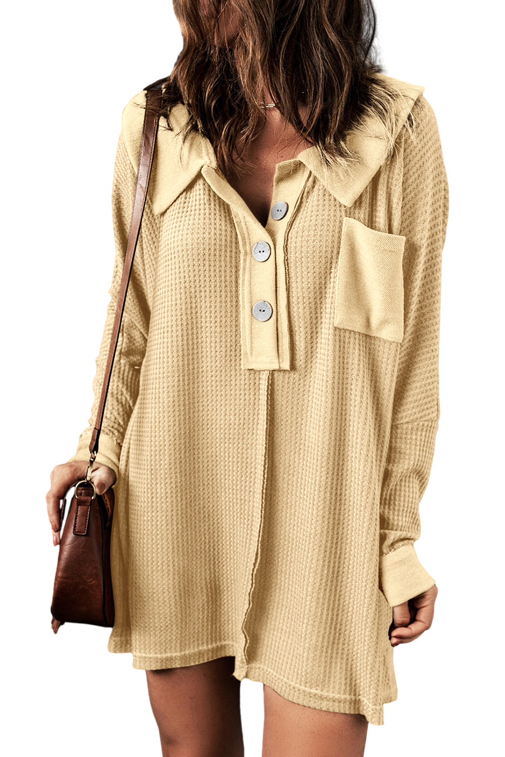 Brown Waffle Knit Buttoned Long Sleeve Top