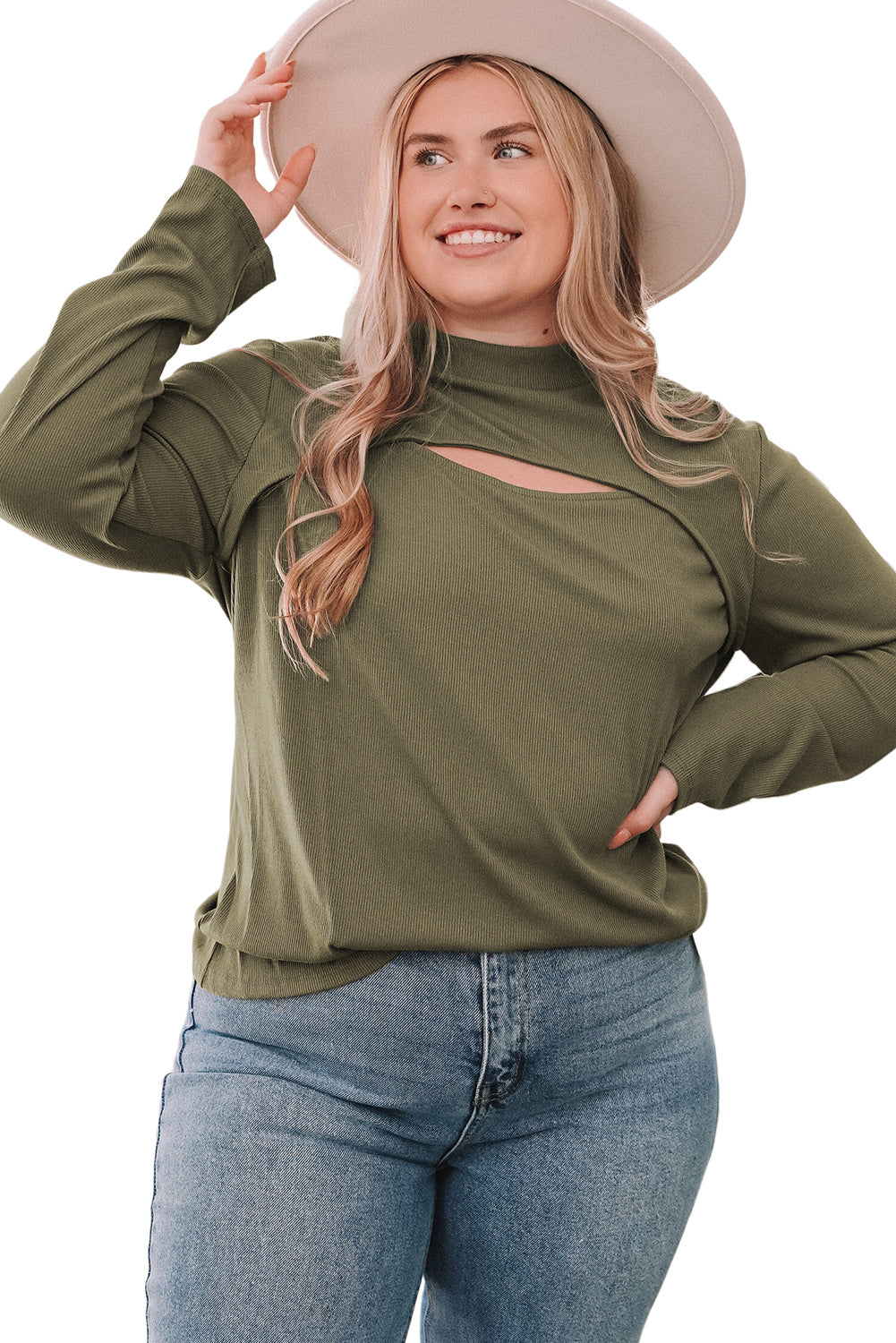 Plus Size Ribbed Mock Neck Peek-A-Boo Cut Out Top