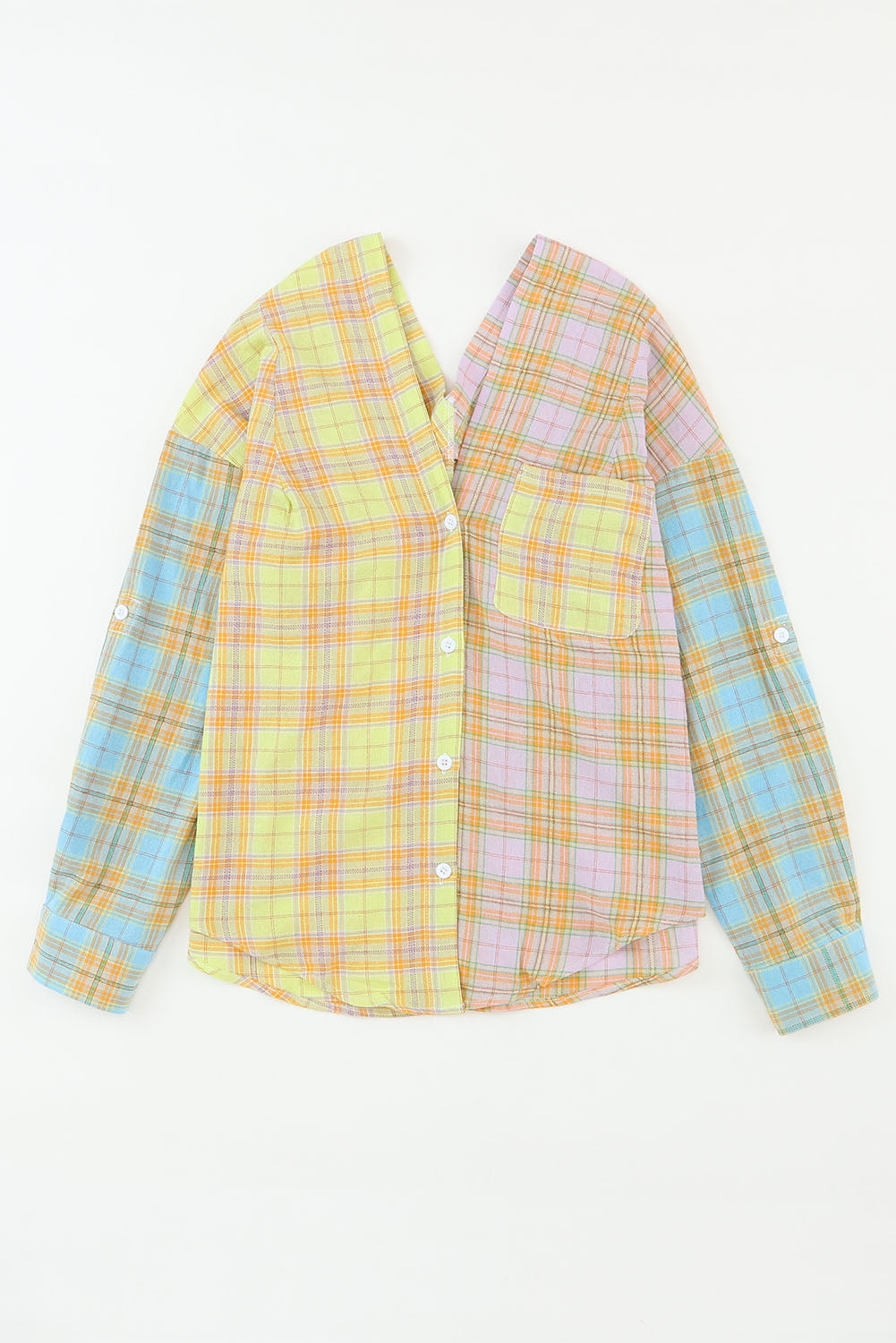 Mixed Plaid Long Sleeve V Neck Buttoned Shirt