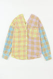 Mixed Plaid Long Sleeve V Neck Buttoned Shirt