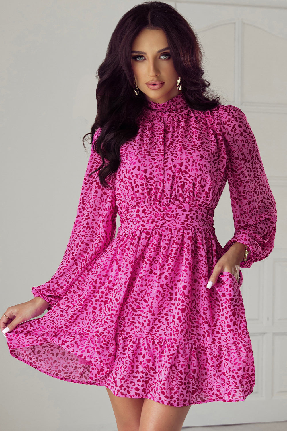 Rose Leopard Puff Sleeve Knotted High Neck Ruffle Dress