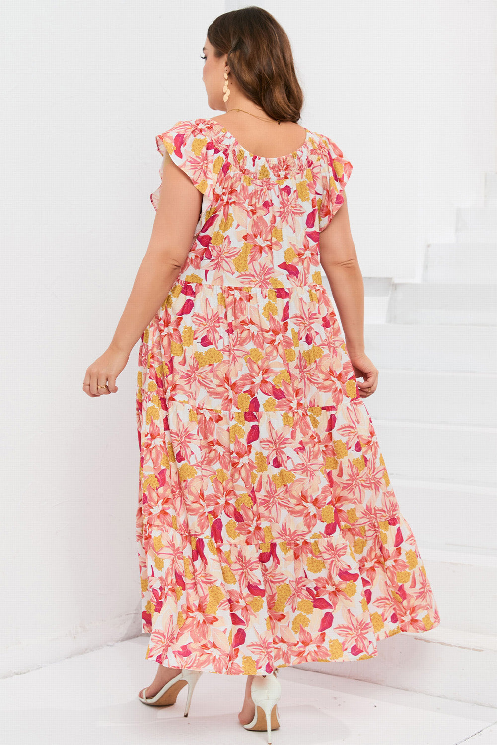 Floral Print Shirred Ruffled Sleeveless Plus Size Dress