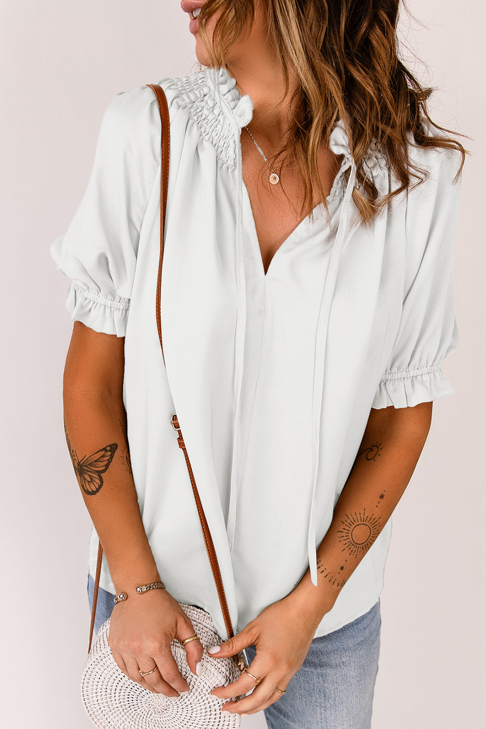 Split Frill Neck Puff Sleeve Blouse