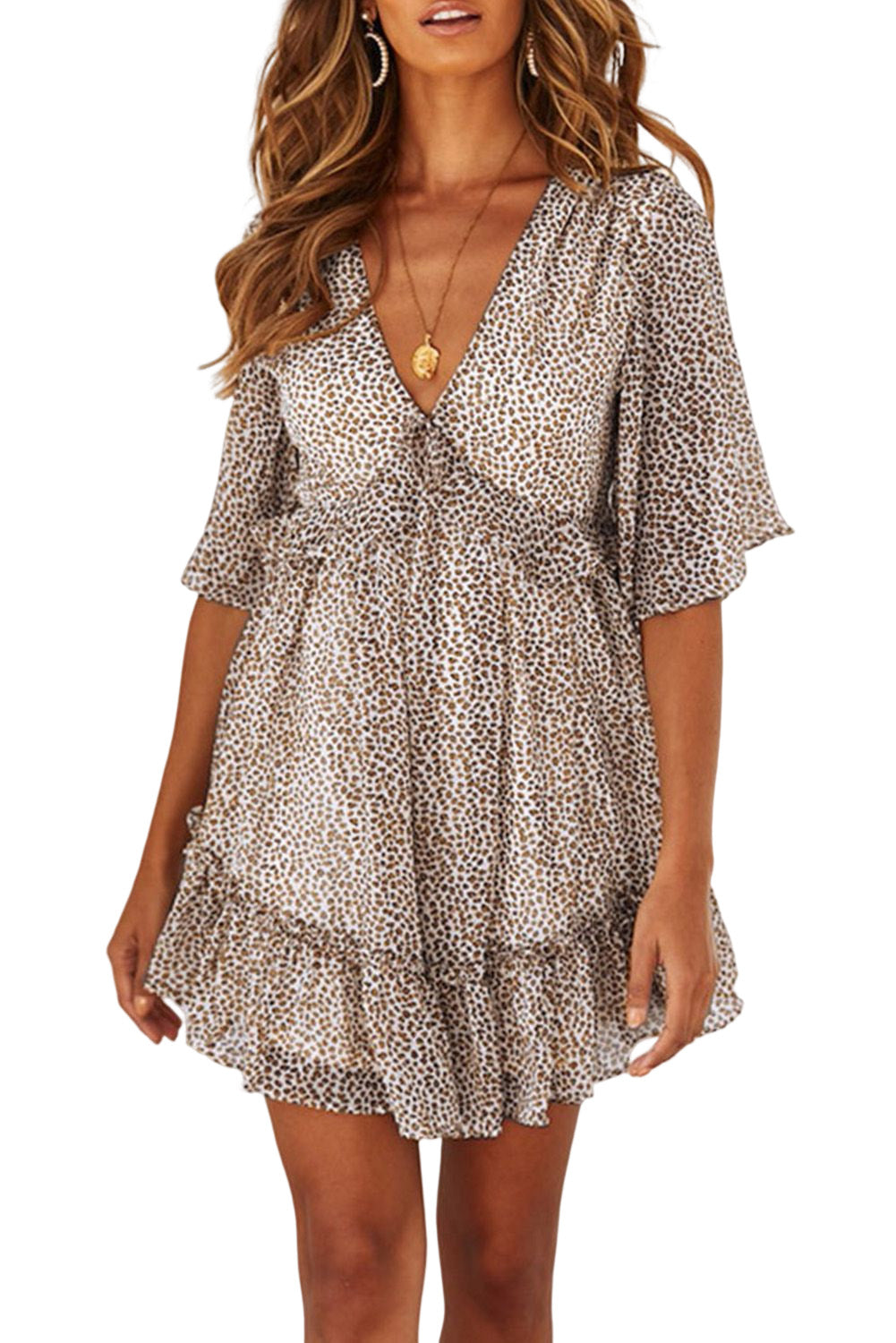 Leopard Print Ruffles Half Sleeve Dress