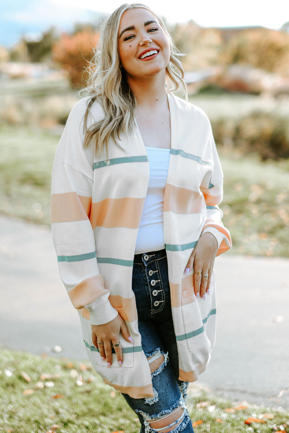 Striped Knit Side Pockets Plus Size Cardigan