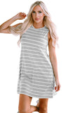 Stripe Print Side Pockets O-neck Sleeveless Mini Dress