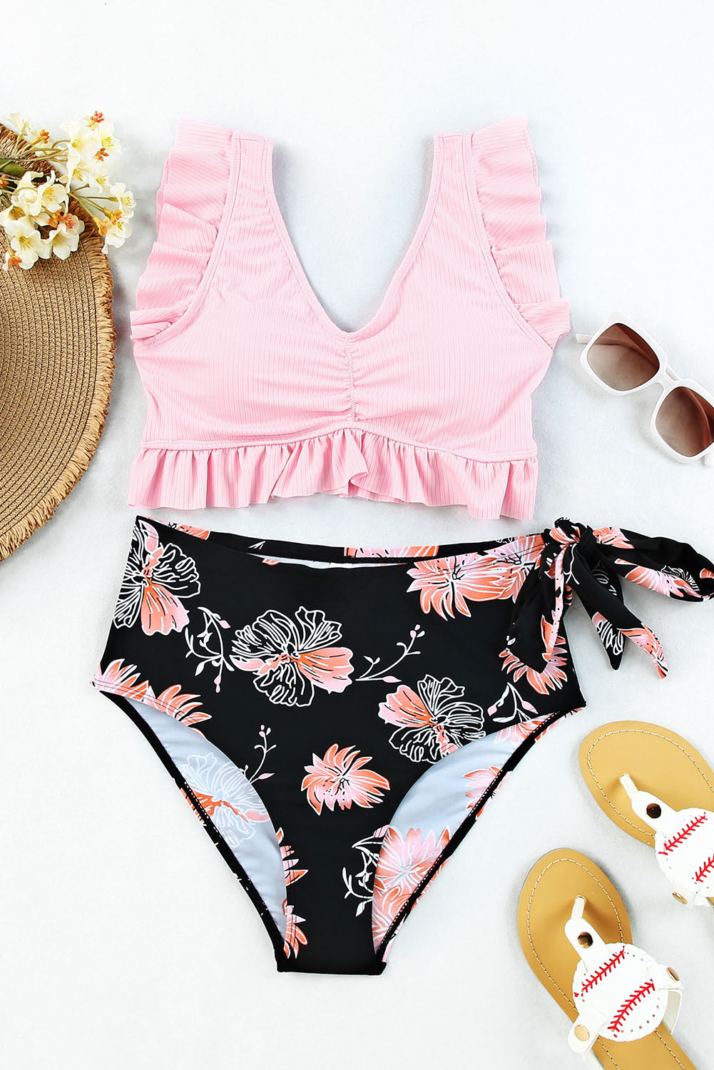 Ribbed Ruched Ruffle Top Printed Bikini Set