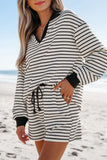 Black Stripe Collared Long Sleeve Top and Drawstring Shorts Set