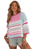 Color Block Striped Three-Quarter Sleeve Knitted Top