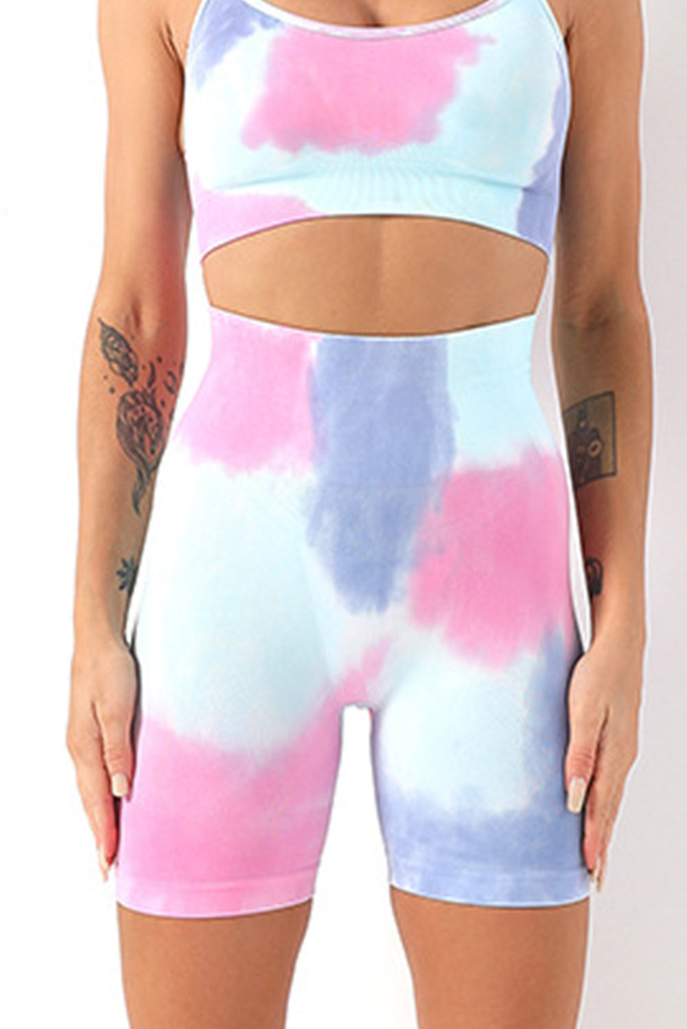 Short de yoga skinny taille haute bleu ciel tie-dye contrôle du ventre