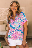 Rose Abstract Floral Print Notch V Neck Rolled Short Sleeve Blouse