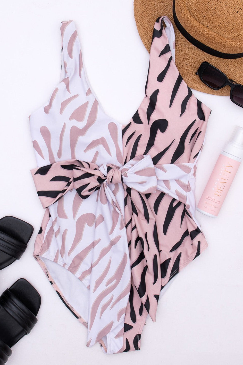 Two-tone Zebra Print One Piece Swimsuit