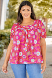 Pink Plus Size Square Neck Floral Blouse