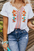 Short Sleeve V Neck Floral Embroidered Blouse