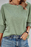 Black Smocked 3/4 Sleeve Casual Loose Top