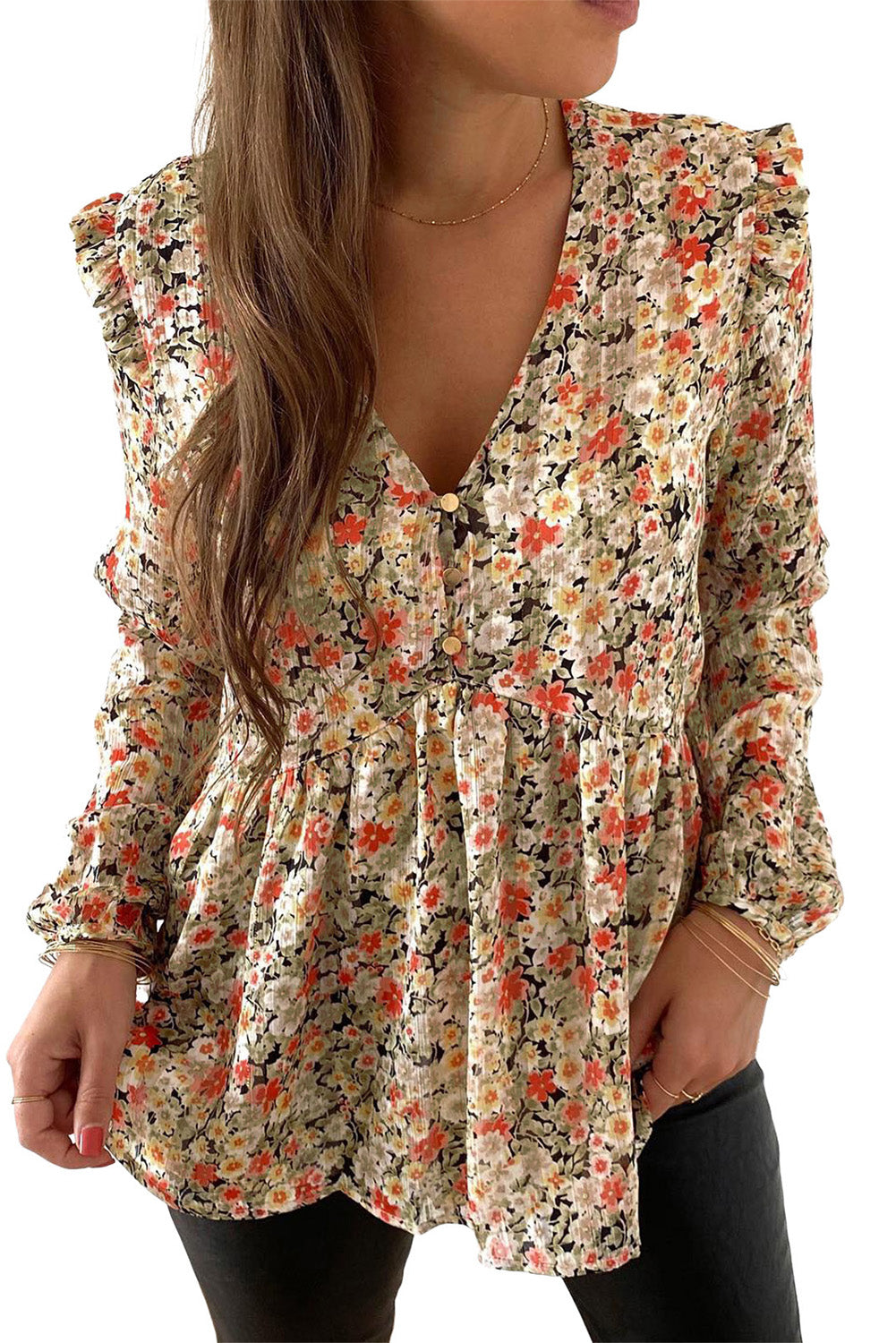 V Neck Ruffled Babydoll Floral Blouse