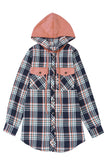 Contrast Hooded Drawstring Plaid Shacket