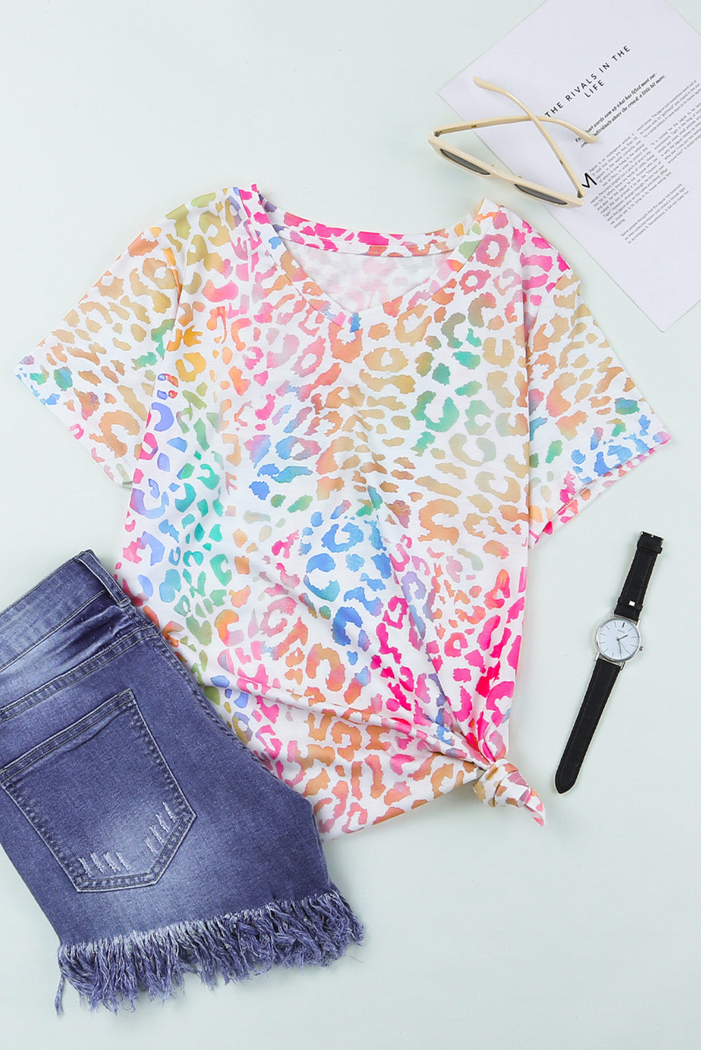 Colorful V Neck Short Sleeve Top