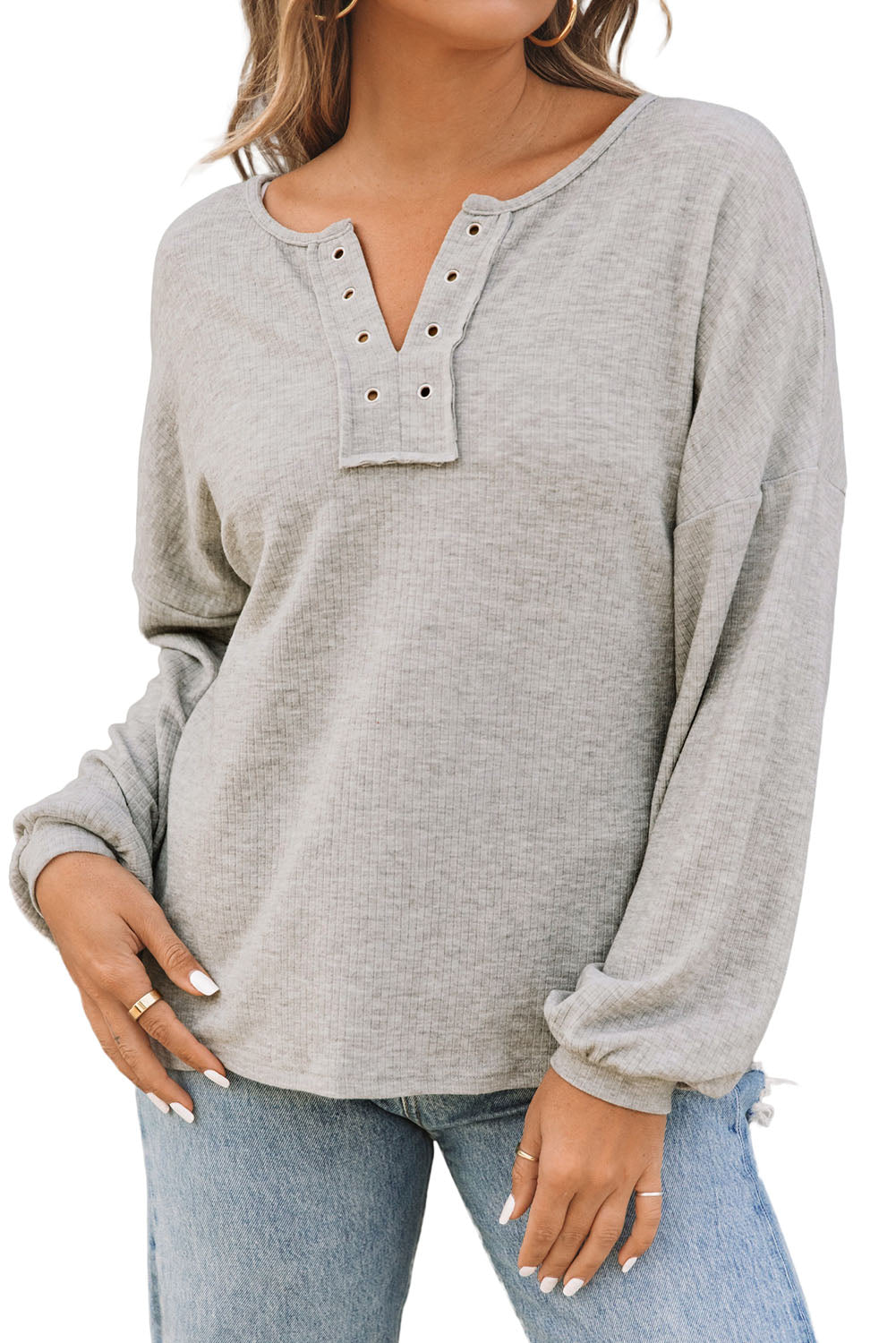 Ribbed Drop Shoulder Long Sleeve Top