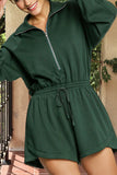 Blackish Green Collared Half Zip French Terry Knit Drawstring Casual Romper