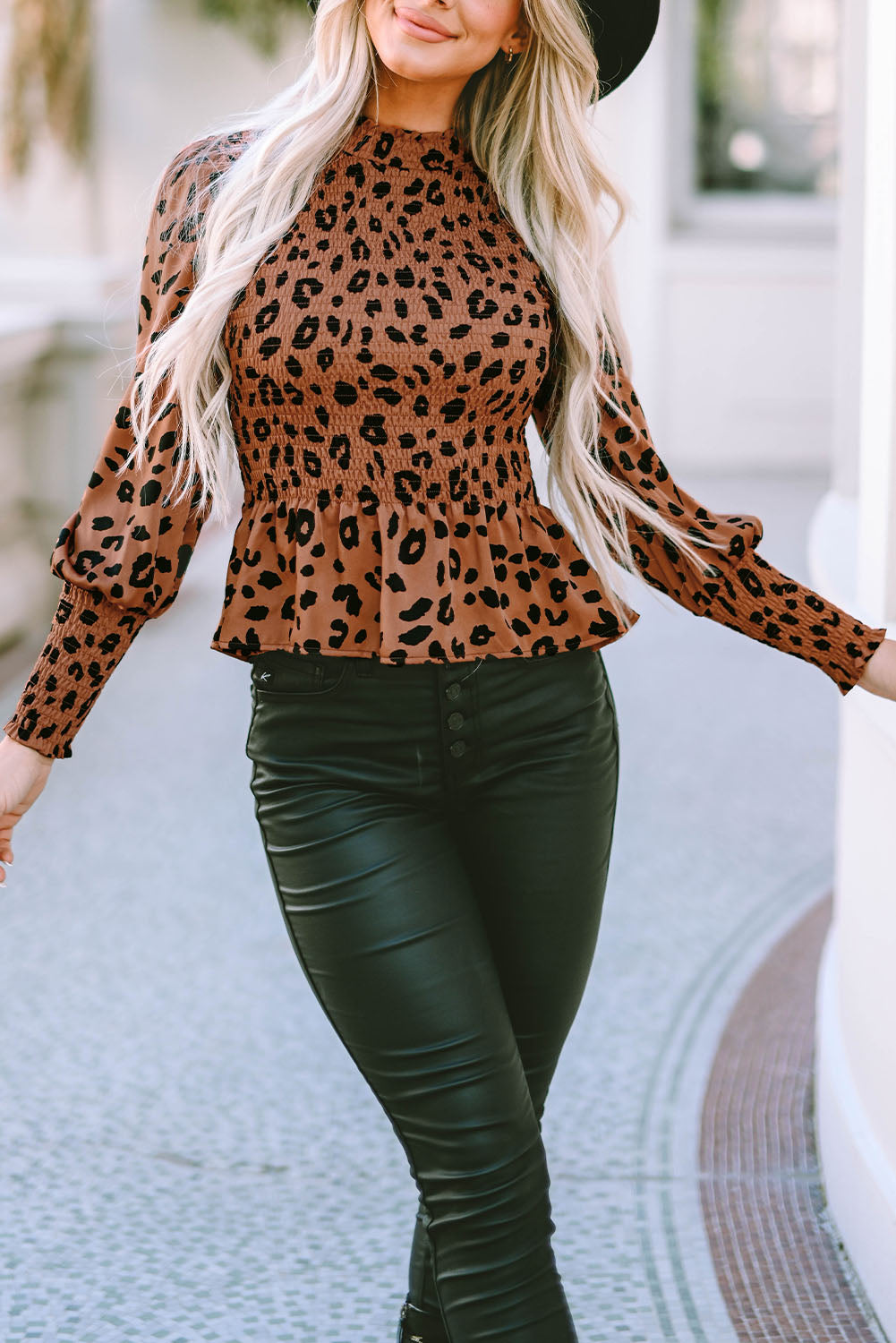 Leopard Smocked Puff Sleeve Peplum Top