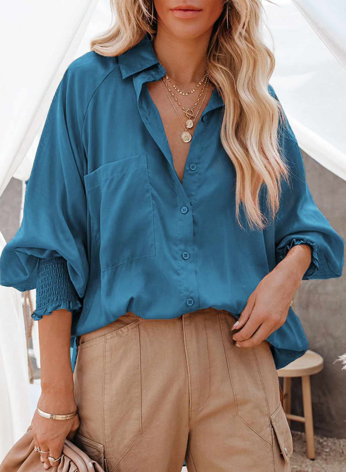 Billowy Sleeves Pocketed Shirt