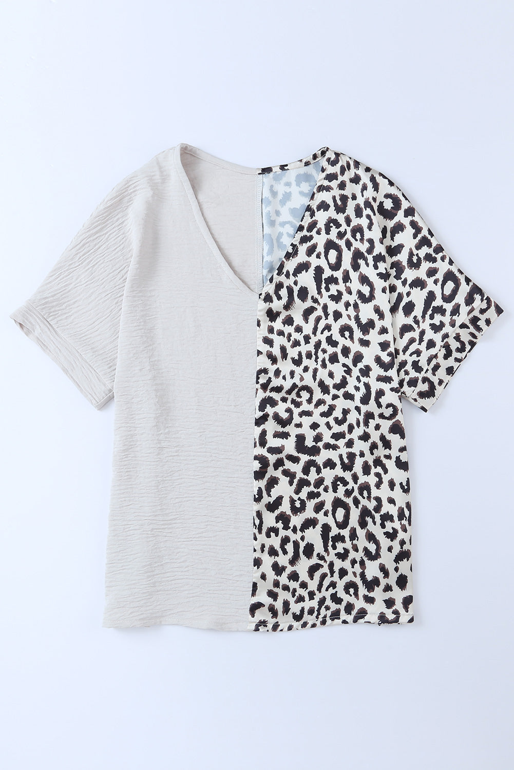 Leopard Color Block Roll Tab Sleeve V Neck Top