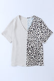 Leopard Color Block Roll Tab Sleeve V Neck Top