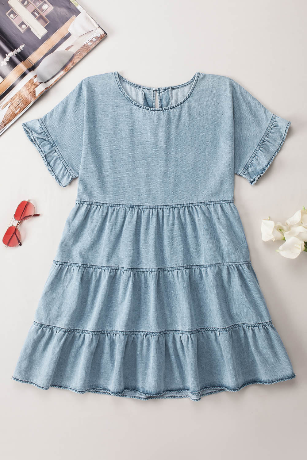 Ruffled Short Sleeves Tiered Denim Dress