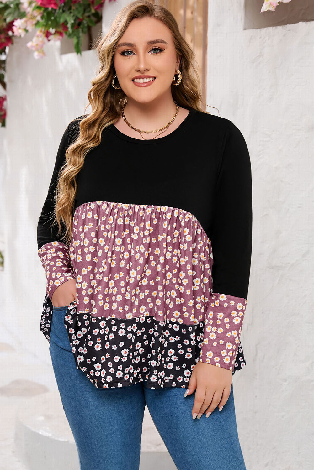 Floral Pattern Color Block Plus Size Pullover Top