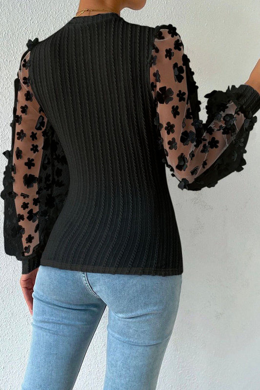 Floral Applique Mesh Sleeves Textured Knit Blouse