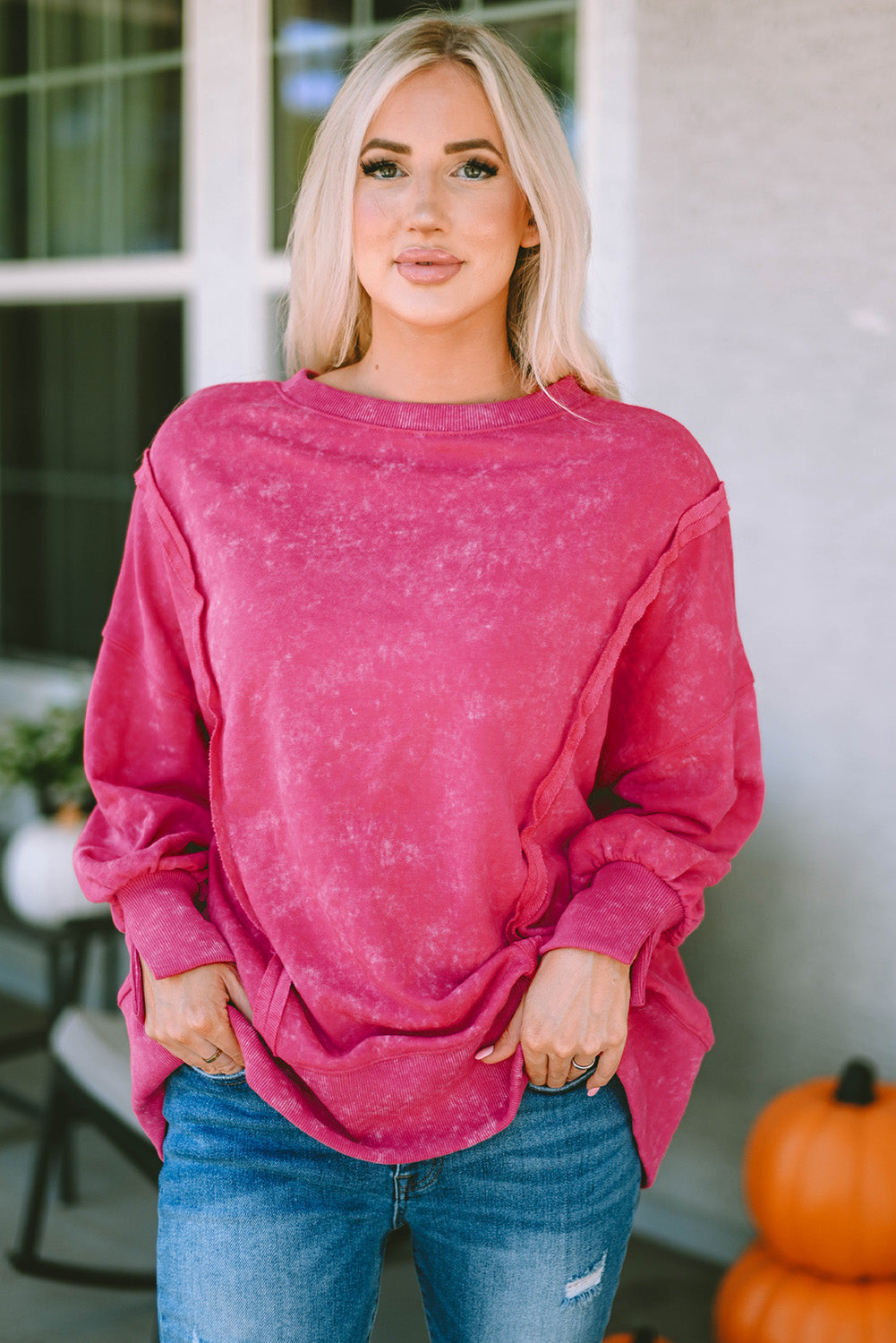 Rose Acid Wash - Coupe décontractée - Sweat-shirt avec coutures et fentes