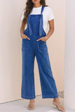 Prussian Blue Mineral Wash Knotted Strap Patched Pocket Wide Leg Denim Overalls