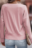 Pink Ribbed Texture Lace Trim V Neck Long Sleeve Top