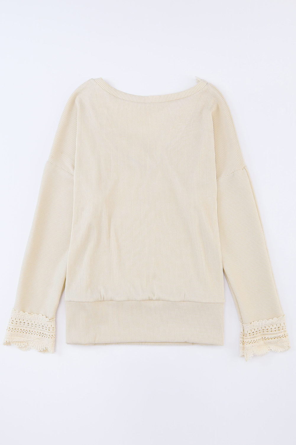 Ribbed Texture Lace Trim V Neck Long Sleeve Top