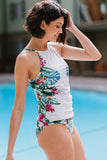 Leaf & Flower Print Ruched Tankini Set