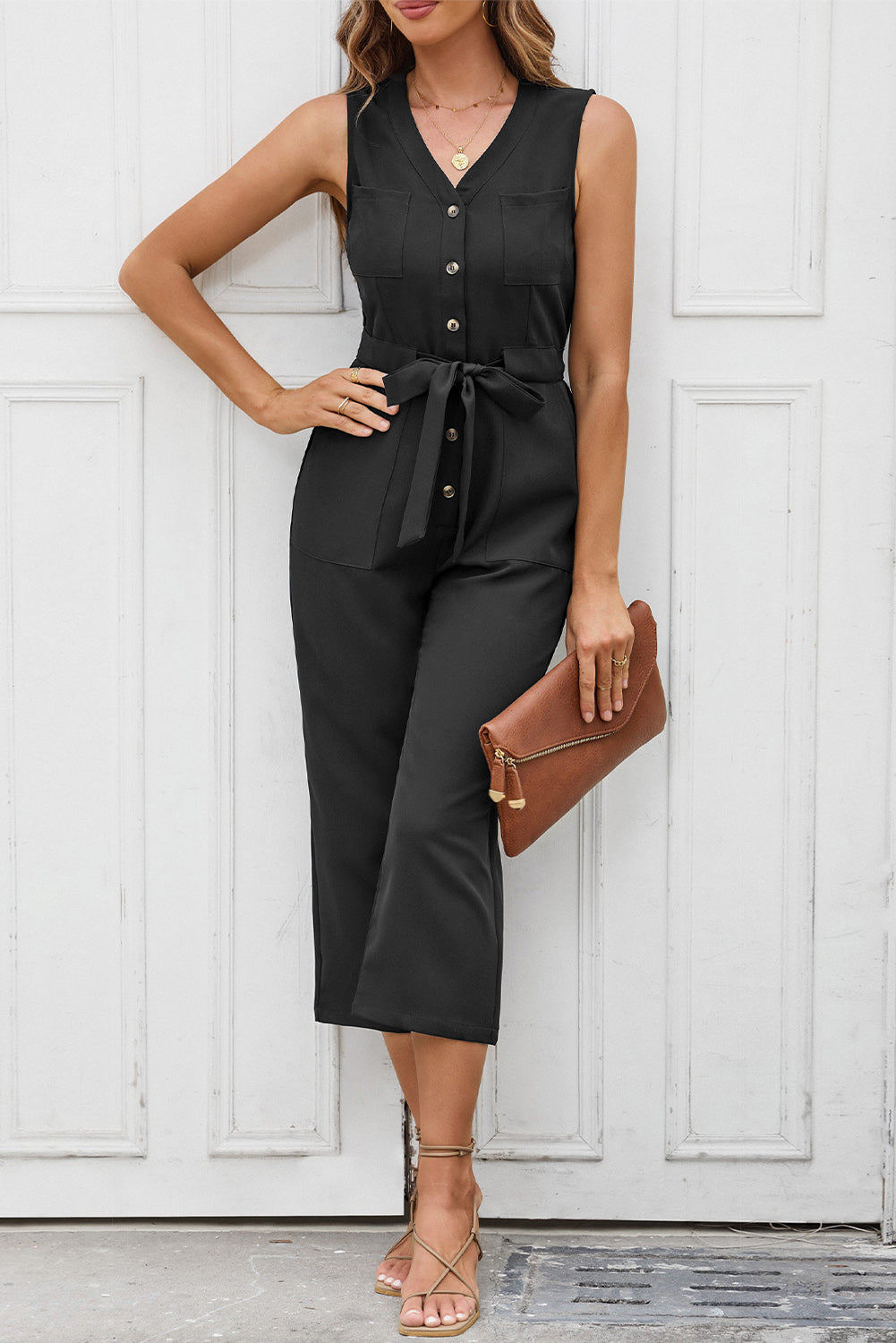 Buttoned Sleeveless Cropped Jumpsuit with Sash