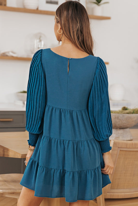 Pleated Bubble Sleeves Tiered Ruffle Mini Dress