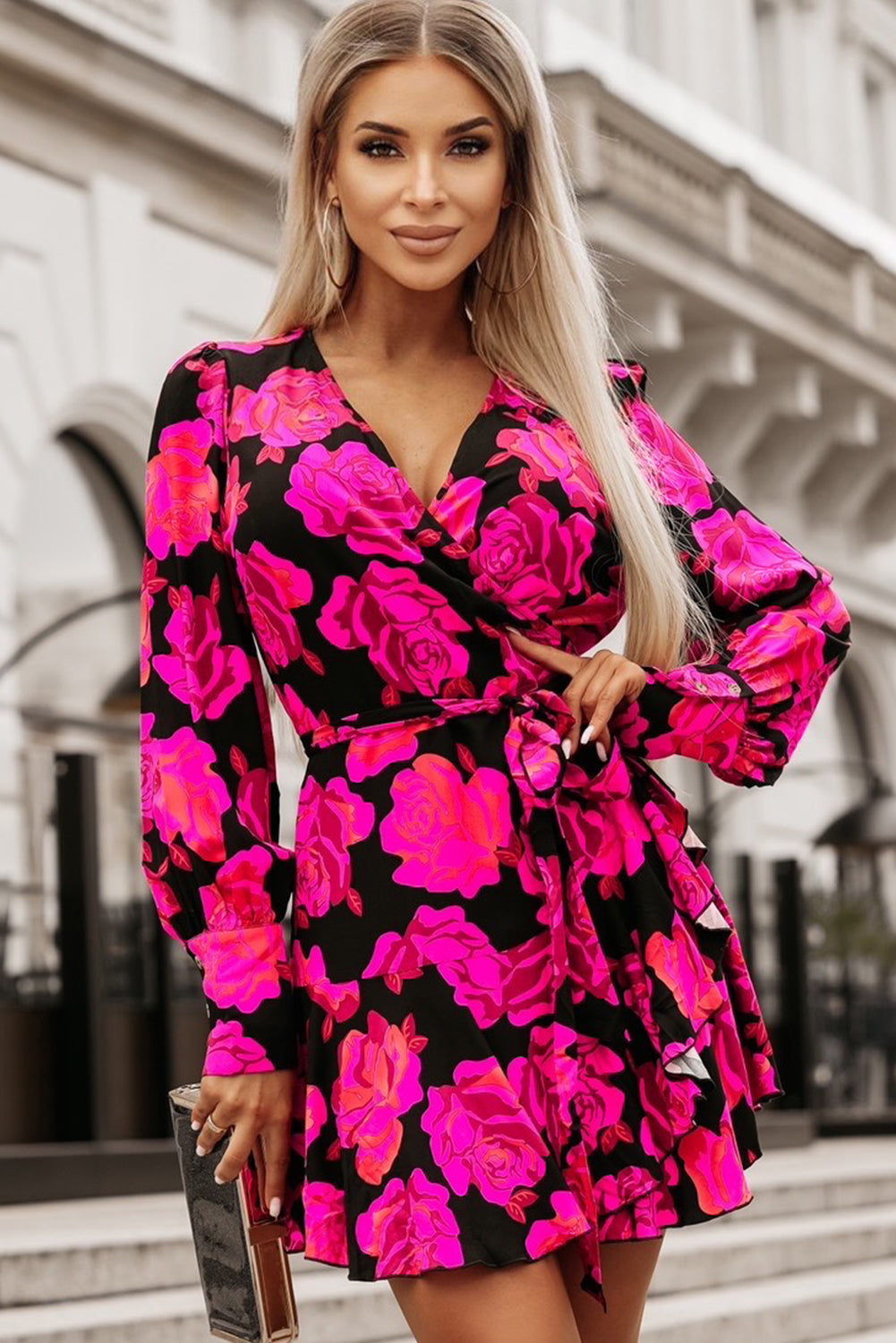 Floral Print V Neck Wrap Bishop Sleeve Ruffle Tiered Mini Dress