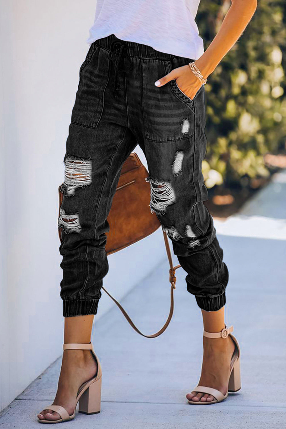 Pantalon de jogging en denim effet vieilli bleu avec poches